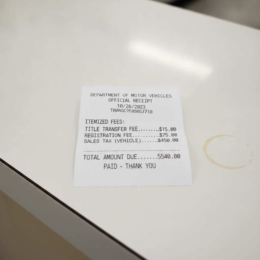 Close-up of a DMV fee receipt showing itemized registration charges including title transfer fee and sales tax