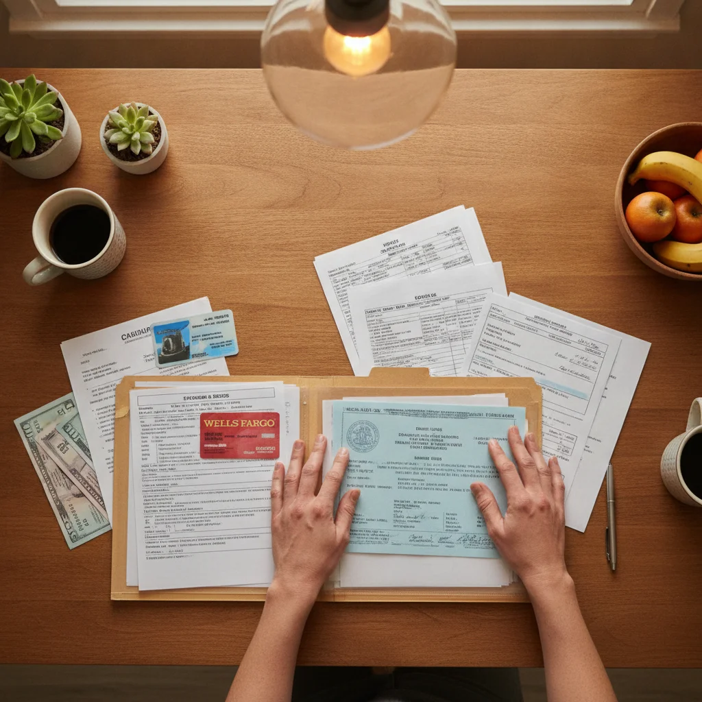 Person's hands organizing a folder of registration documents including vehicle title and insurance card at home