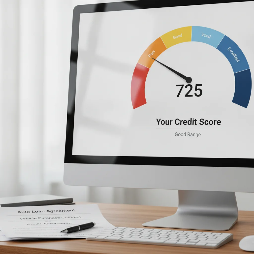 Computer screen showing credit score gauge in good range with car loan documents nearby