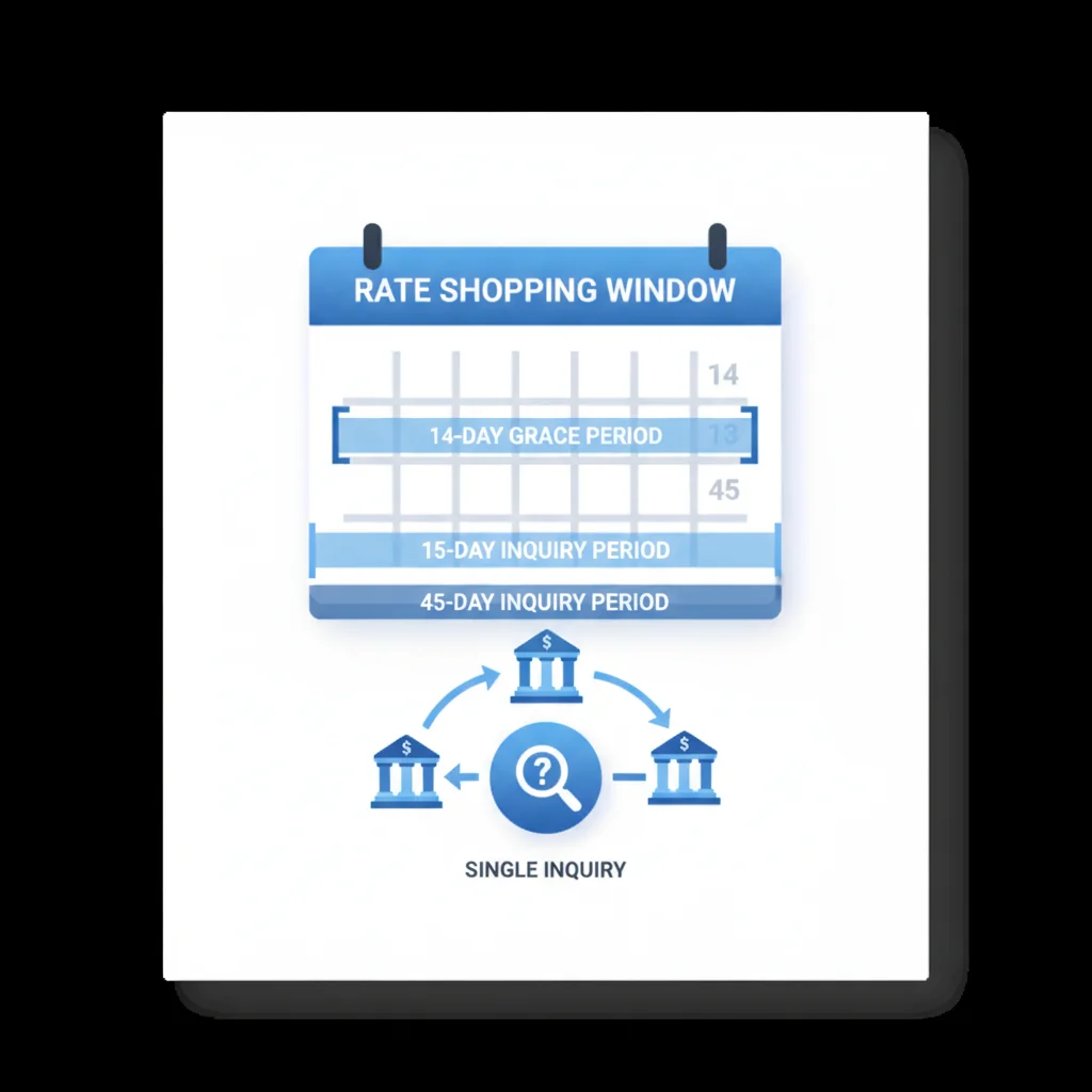 Flat illustration of a calendar showing 14 and 45 day rate-shopping windows for auto loan inquiries