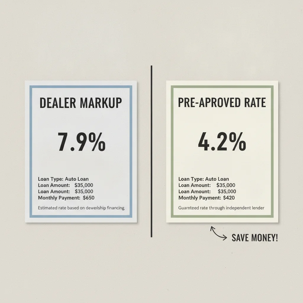 Two loan offer documents side by side showing dealer markup rate versus pre-approved lower rate