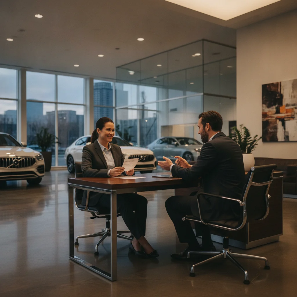 Car buyer holding pre-approval letter sitting confidently across from a dealer at a dealership table