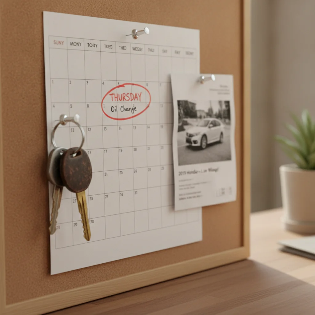 Weekly calendar with Thursday circled in red next to car keys and a printed vehicle listing.