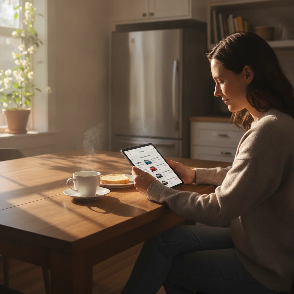 Person browsing car listings on a tablet at home on a Saturday morning with coffee.