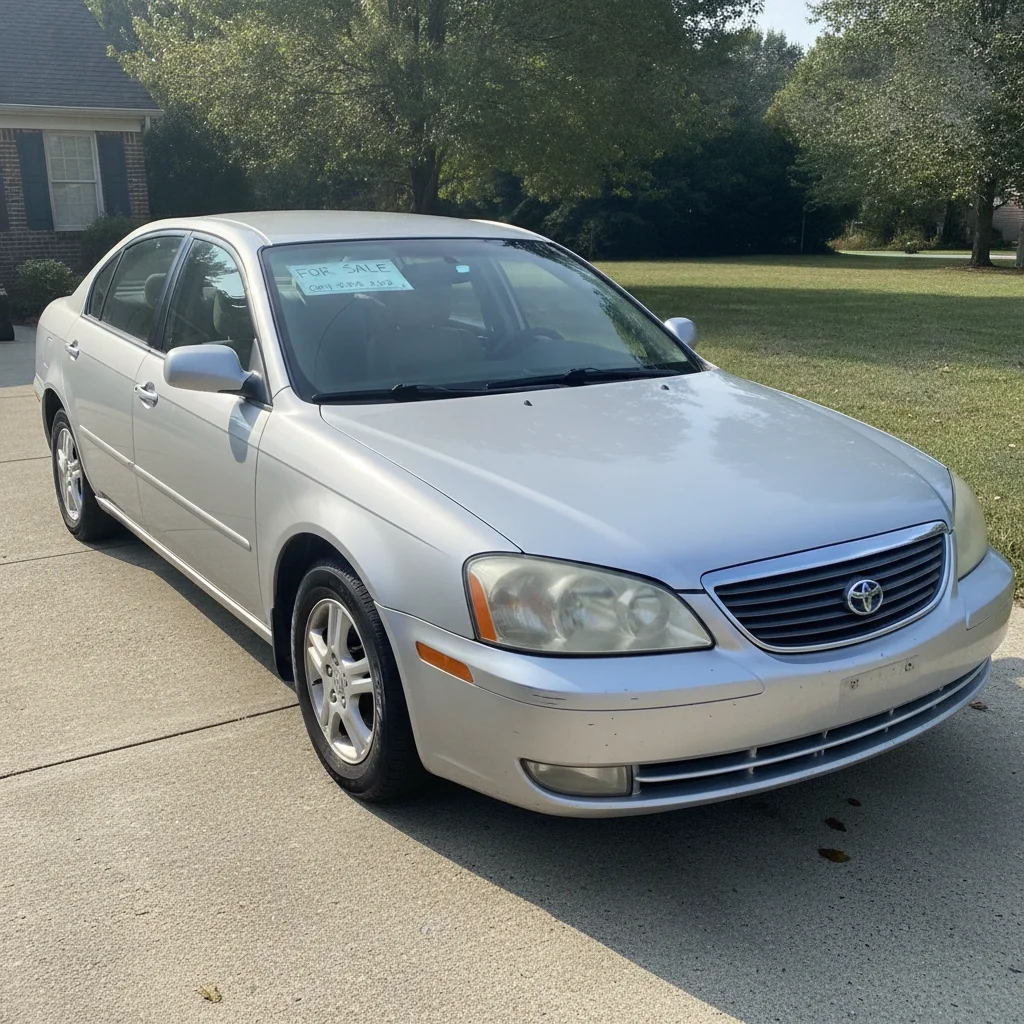 Clean used sedan parked in a driveway with a for-sale sign in the windshield.