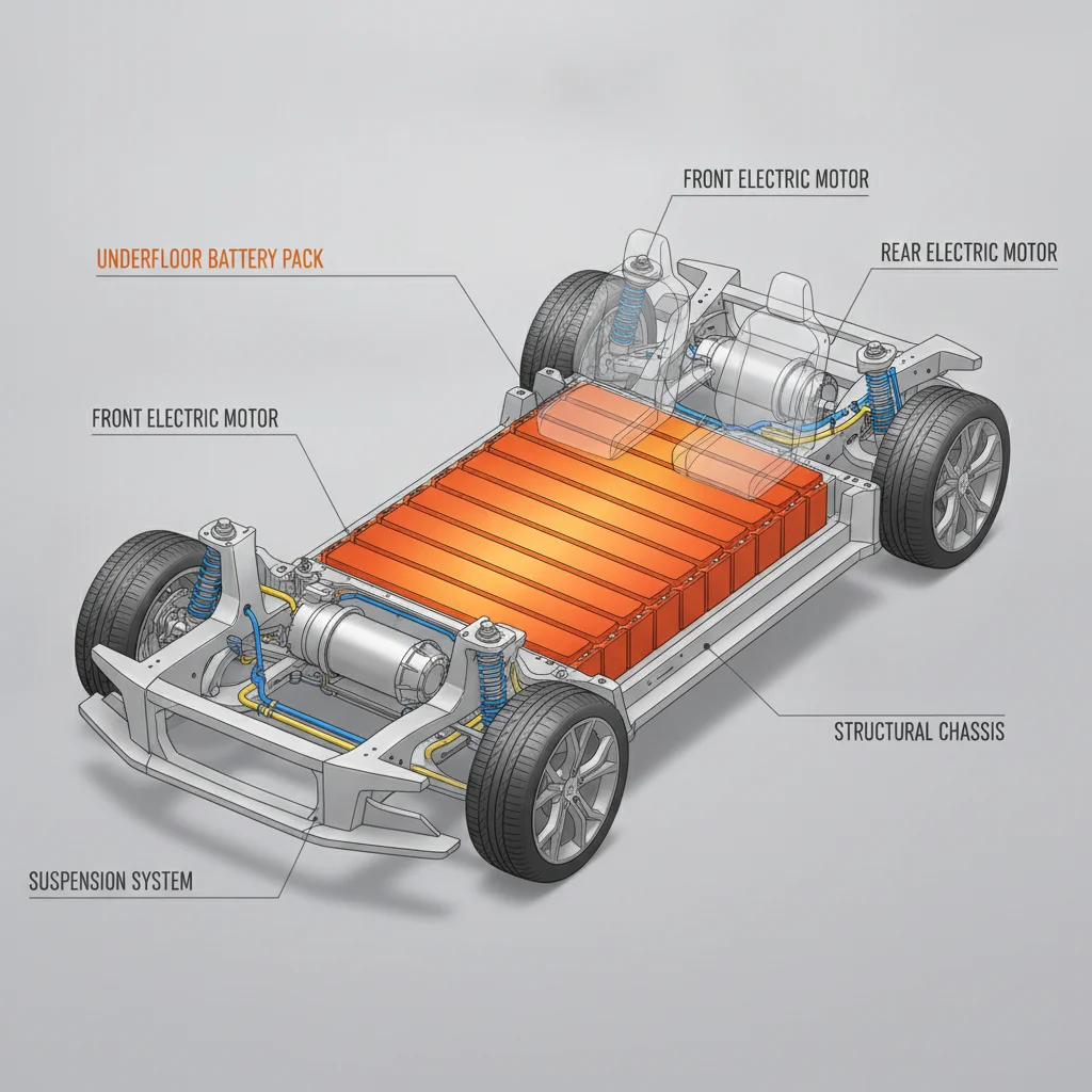 Cutaway diagram of an electric vehicle showing the battery pack location beneath the floor