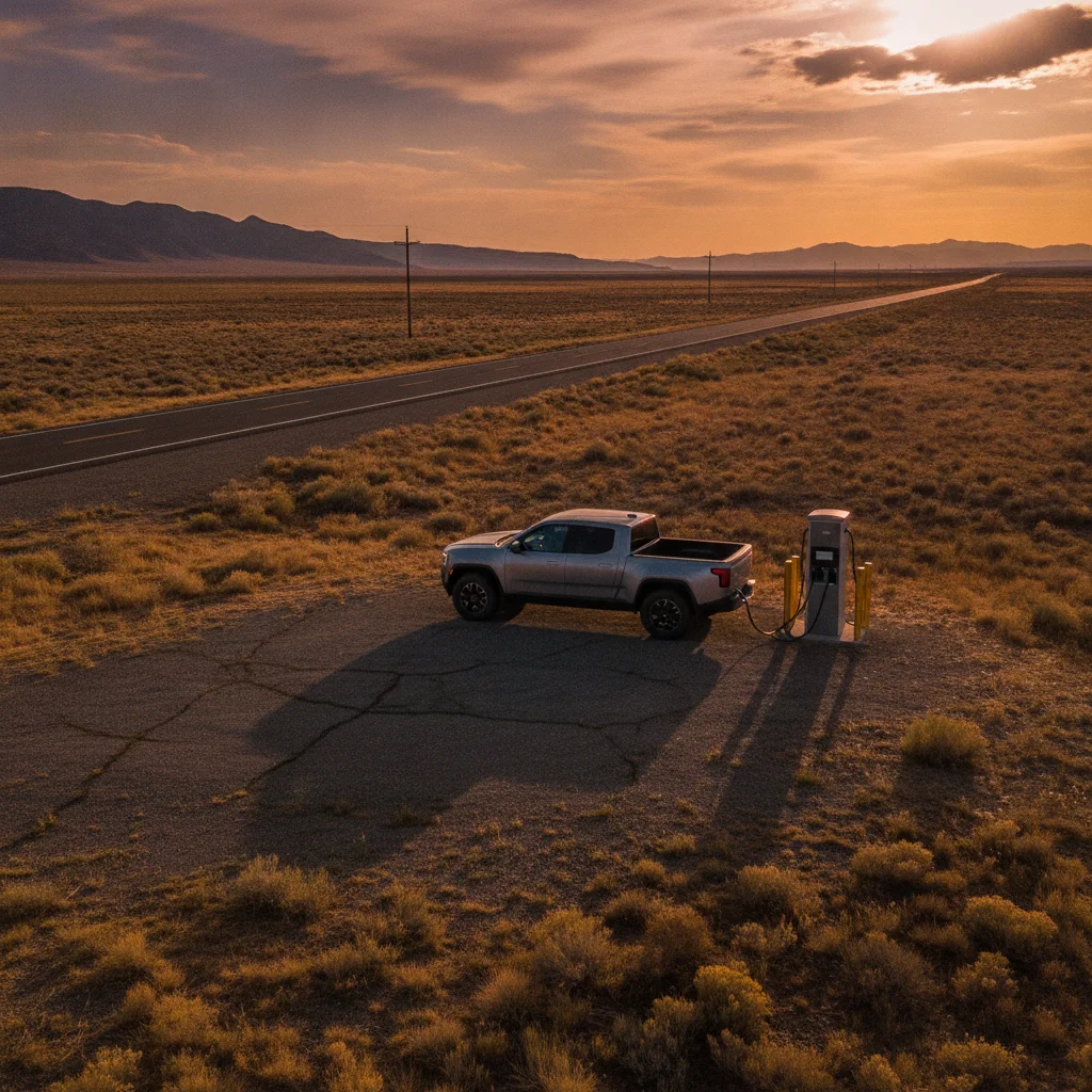 Electric vehicle charging at a lone fast charger on an empty rural road surrounded by open landscape