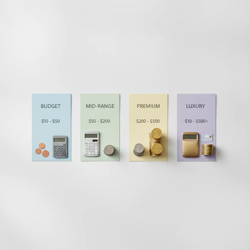 Four labeled vehicle price tiers arranged with corresponding coin stacks representing different down payment amounts