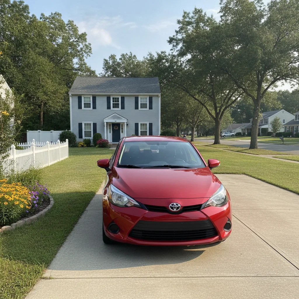 A compact economy sedan parked in a sunny suburban driveway representing the budget vehicle tier
