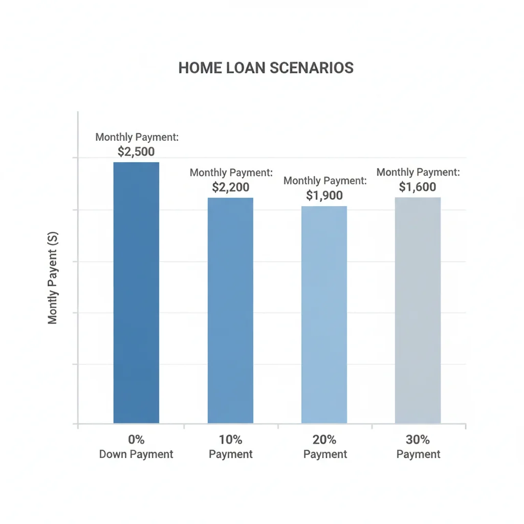 Bar chart showing how increasing down payment percentage reduces monthly loan payments on a $42,000 vehicle