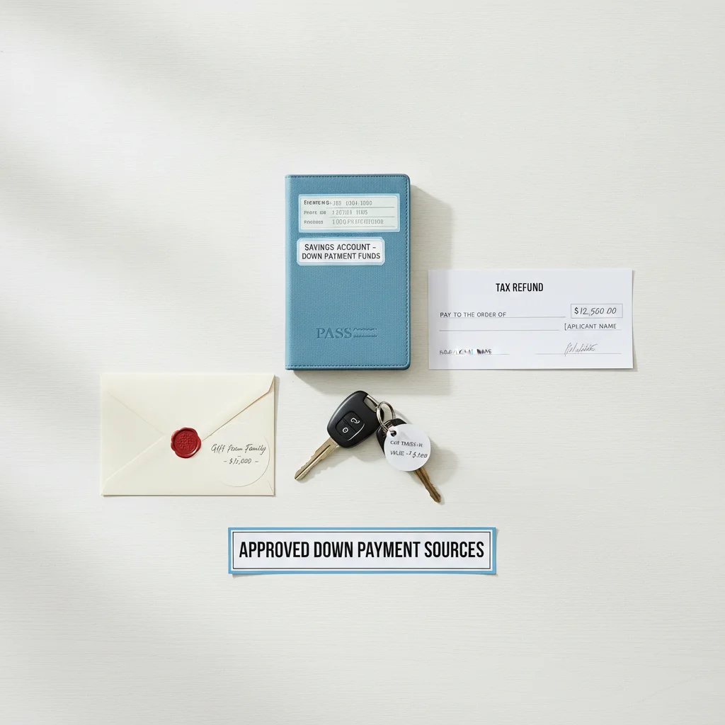 Approved down payment sources including savings passbook, tax refund check, trade-in car keys, and gift envelope