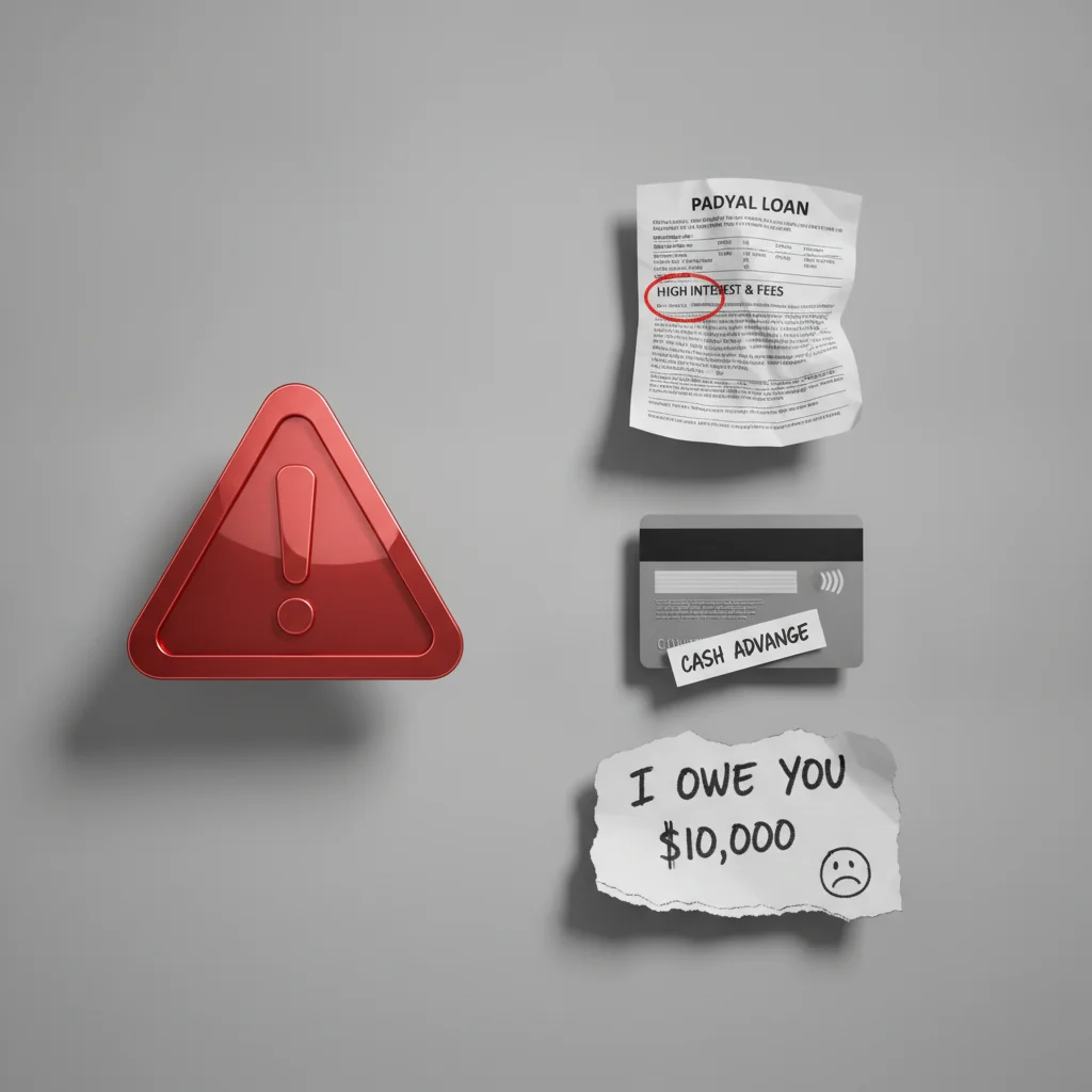 Rejected down payment sources including payday loan documents, credit card cash advance, and informal IOU note