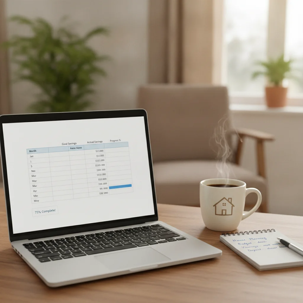 Laptop with a spreadsheet tracking down payment savings progress over time in a home office setting