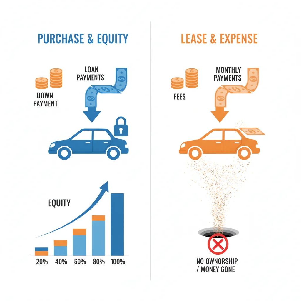 Diagram showing down payment building equity in a purchase versus disappearing in a lease cap cost reduction