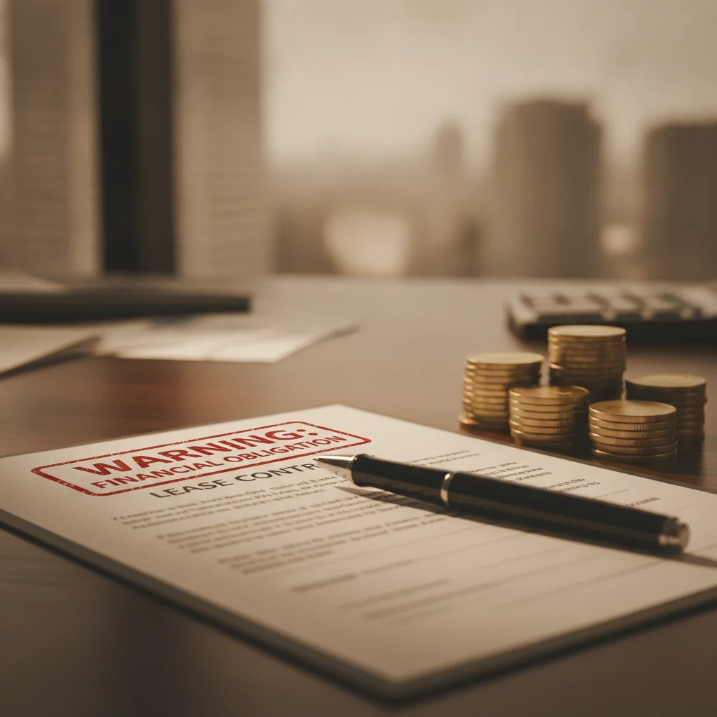 Lease contract document with pen and coins representing financial risk of putting money down on a lease