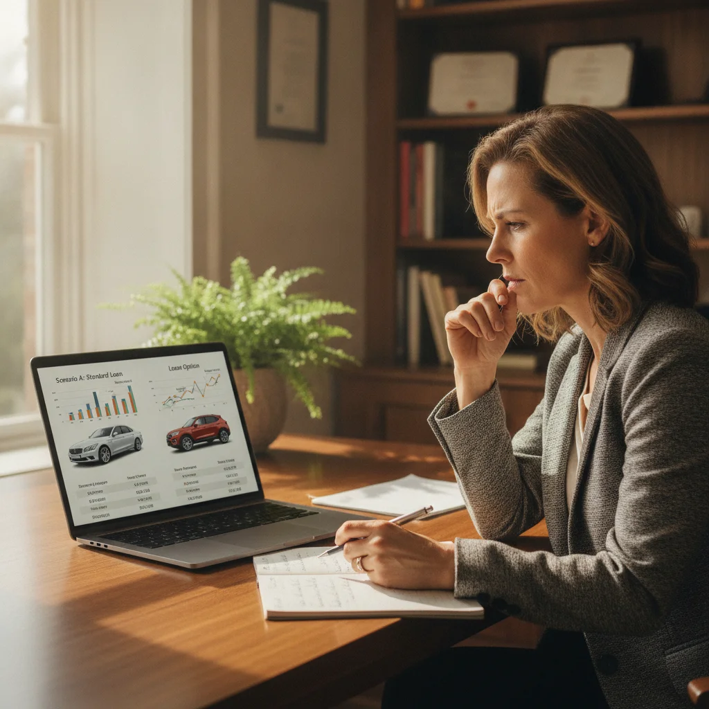 Person comparing lease and finance down payment scenarios on a laptop in a home office setting