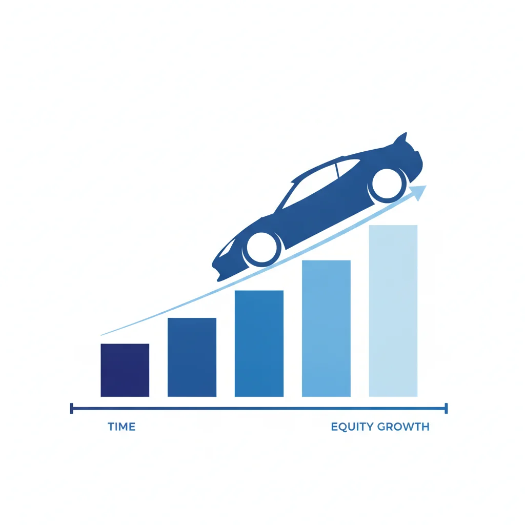 Car silhouette on an upward bar chart representing equity growth from a down payment over time