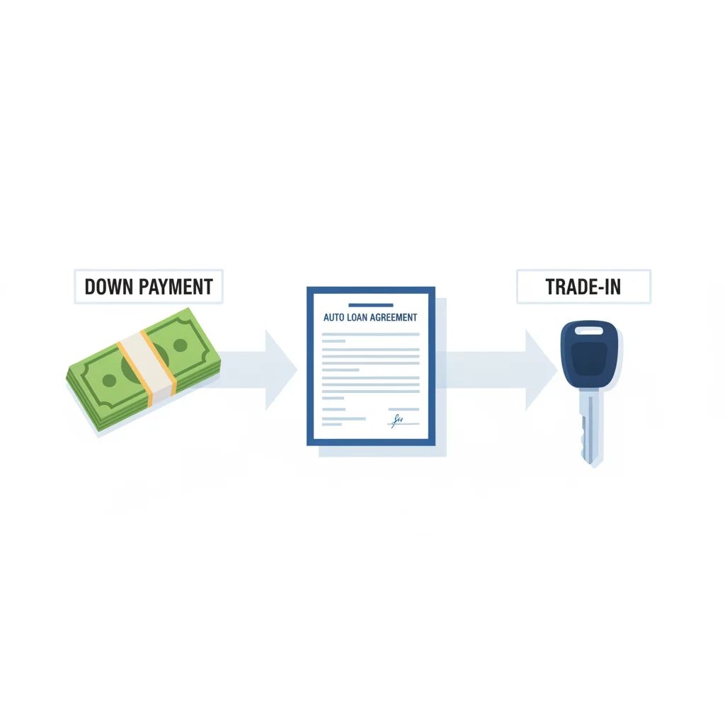 Two parallel paths showing cash down payment and trade-in value both reducing a car loan