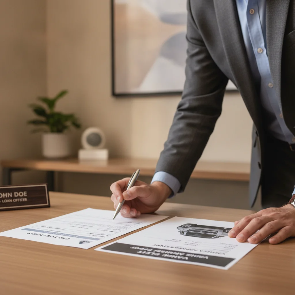 Loan officer comparing a cash deposit document and a vehicle trade-in appraisal side by side