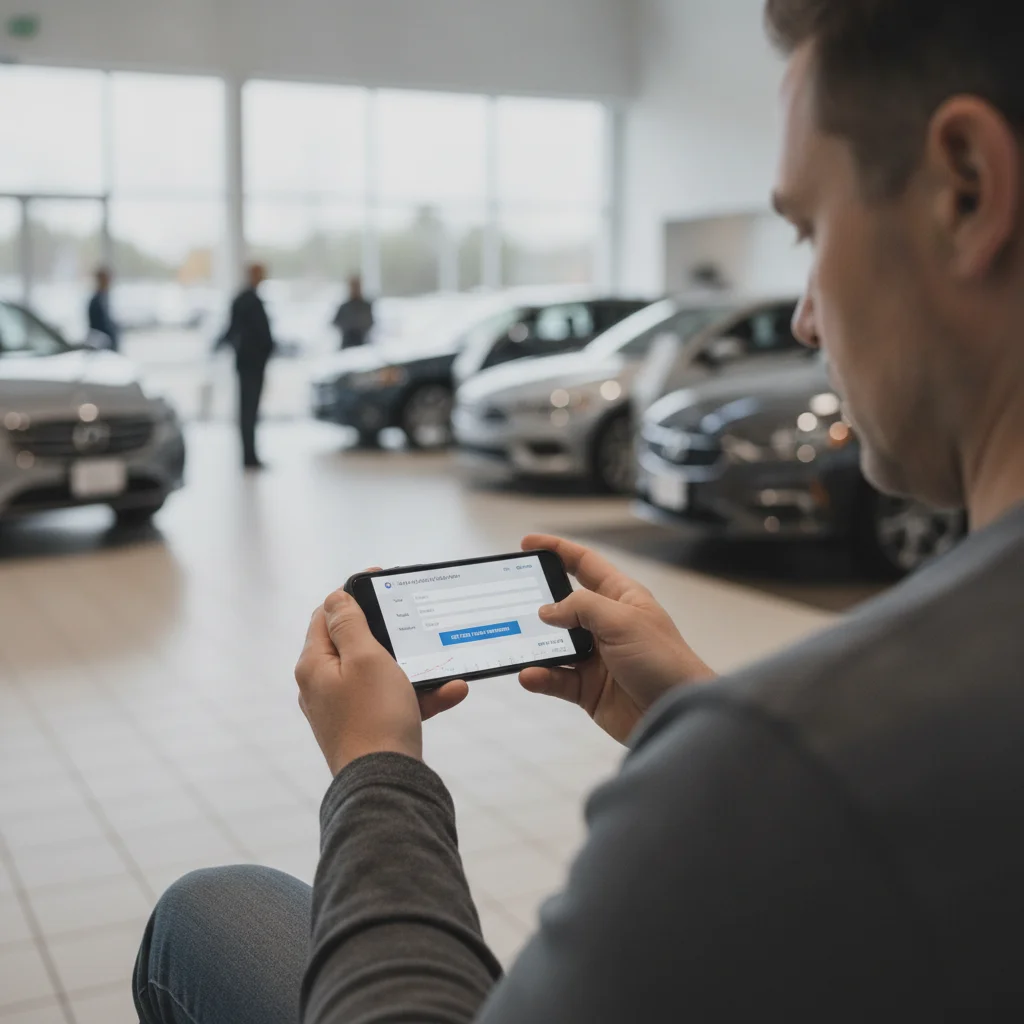 Car buyer researching trade-in values on a smartphone inside a dealership showroom