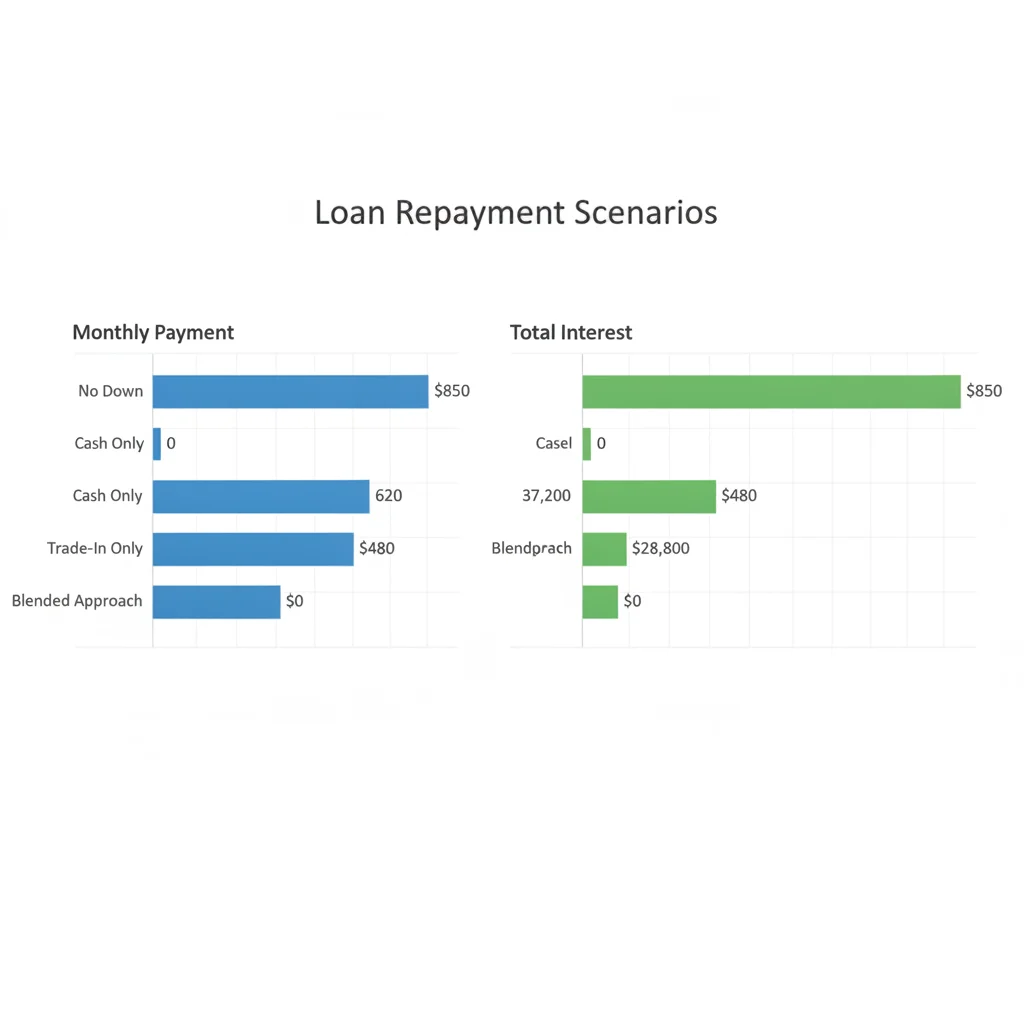 Bar chart comparing monthly payments and total interest across four down payment and trade-in scenarios