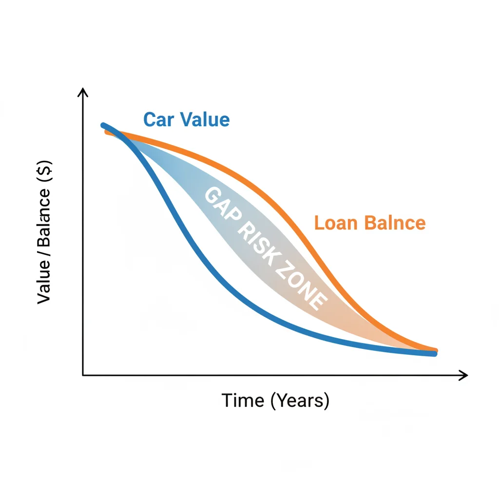 Diagram showing car value declining faster than loan balance in early months, creating a gap risk zone