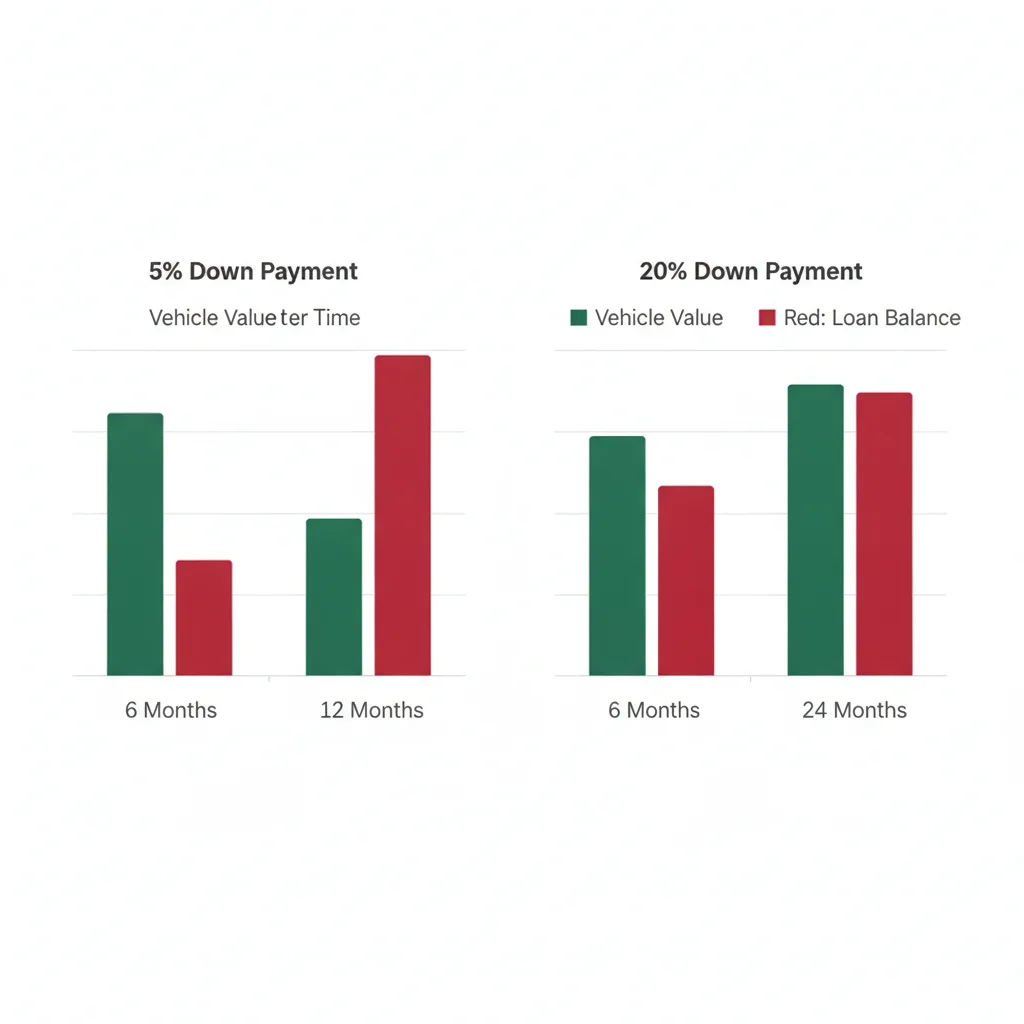 Bar chart comparing loan balance versus vehicle value at multiple time points for 5% versus 20% down payment scenarios