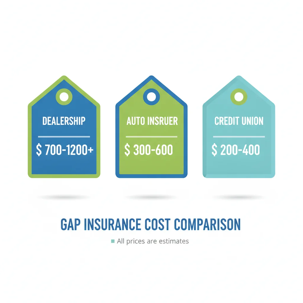 Infographic comparing GAP insurance costs from dealership, auto insurer, and credit union sources