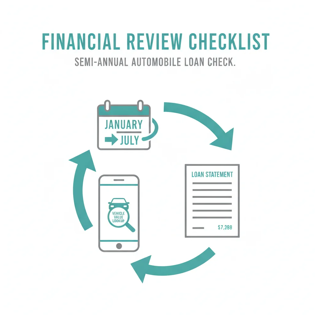 Illustrated checklist showing a six-month process for checking loan balance versus car value to determine GAP need