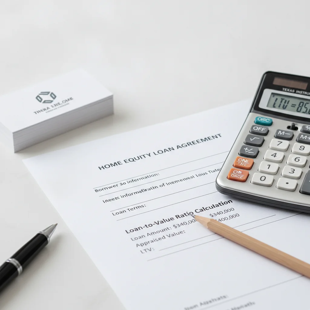 Close-up of a loan document with a calculator showing loan-to-value ratio calculation on a desk