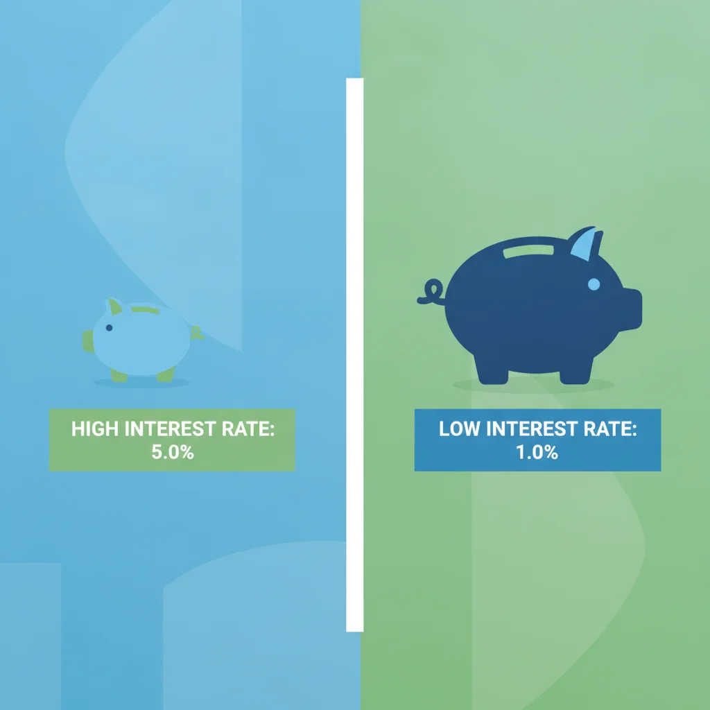 Two piggy banks of different sizes next to interest rate labels illustrating how larger down payment lowers loan rate