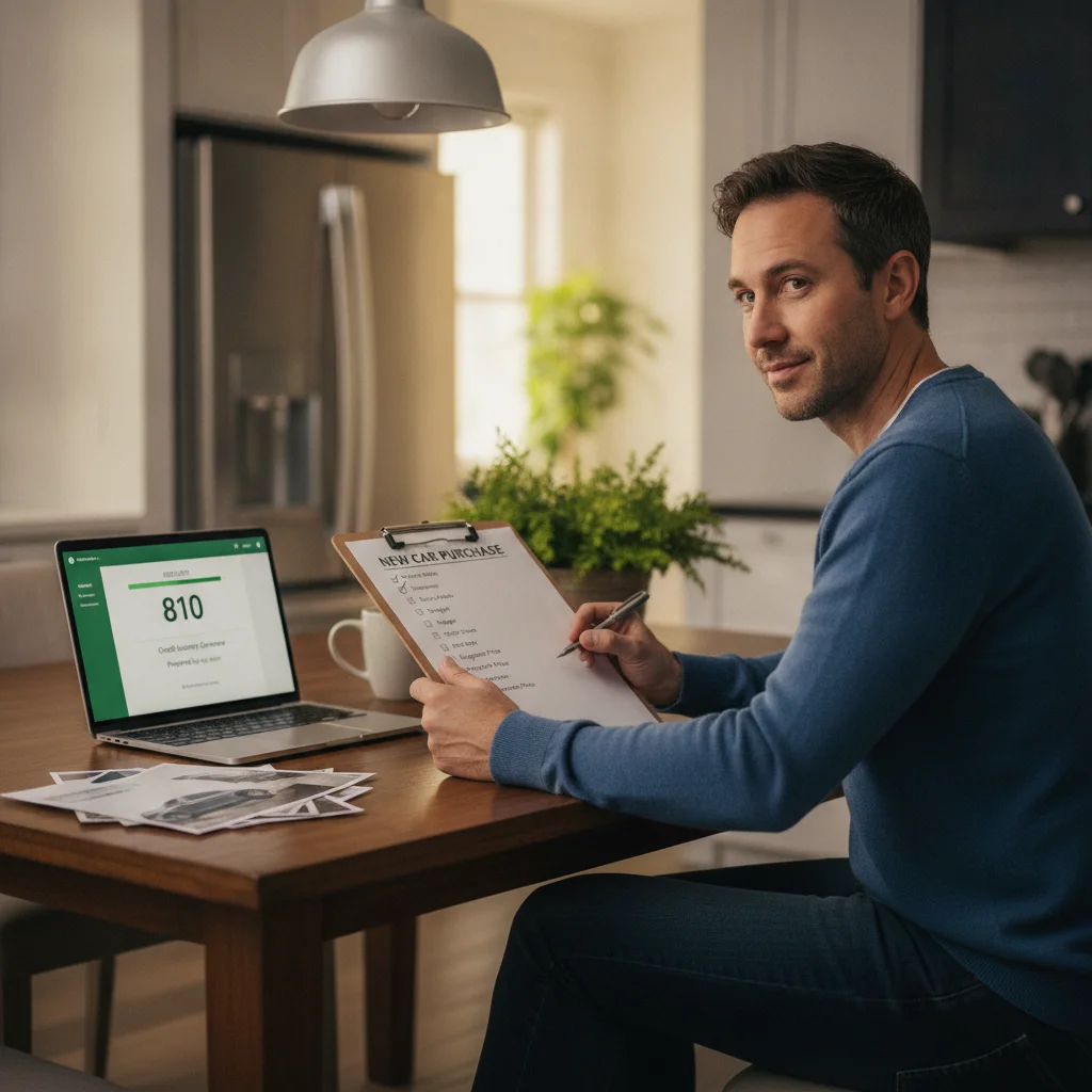 Car buyer reviewing a financing checklist at home with a laptop showing credit score before visiting a dealership