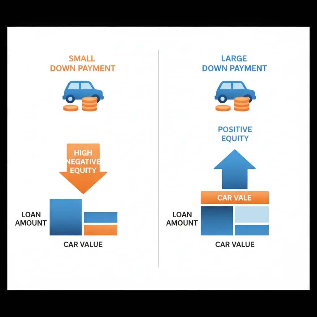 Diagram comparing vehicle equity positions under small versus large down payment scenarios on an auto loan