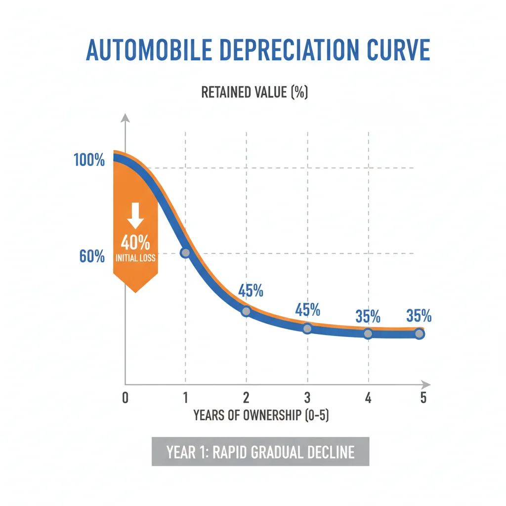 Depreciation curve graph showing a new car losing 20% of value in year one and declining more slowly afterward