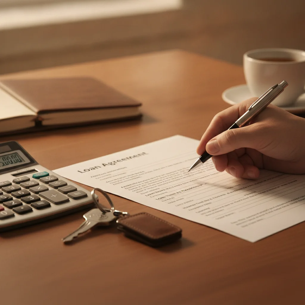 Loan document and calculator beside used car keys on a desk, representing used car financing decisions