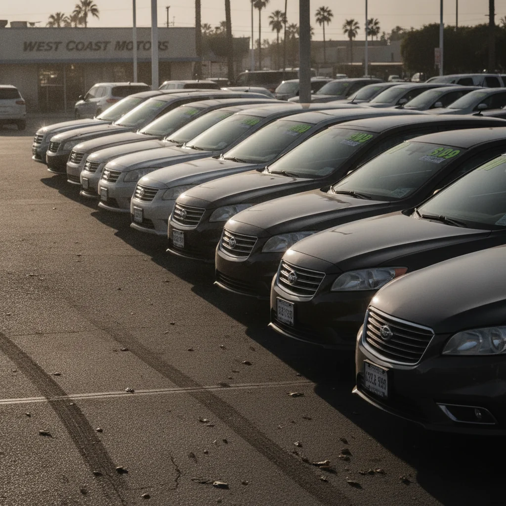 Row of used cars on a dealership lot with price tags visible on windshields under afternoon light