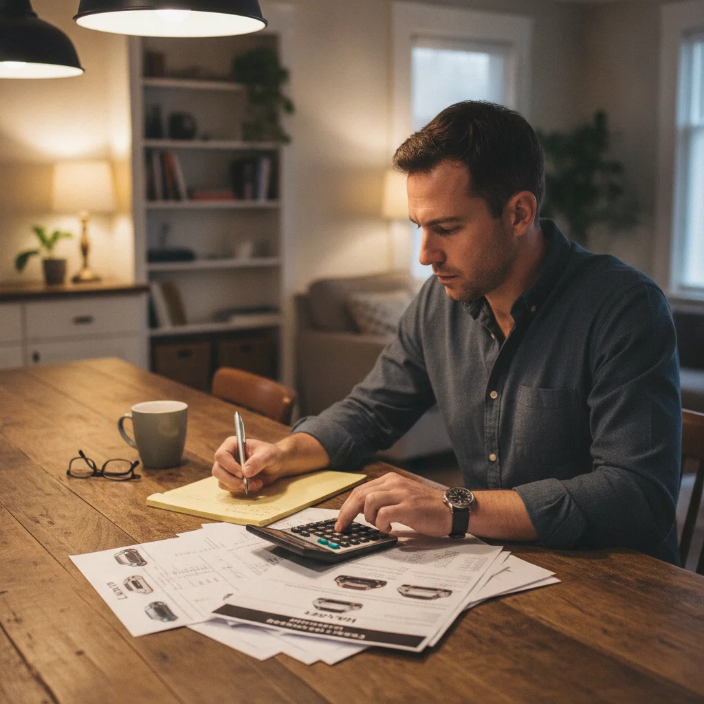 Person at a kitchen table reviewing car financing documents and calculating down payment options