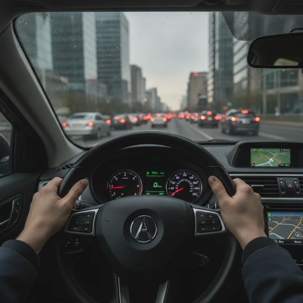 Driver's hands on steering wheel with city traffic visible through the windshield ahead