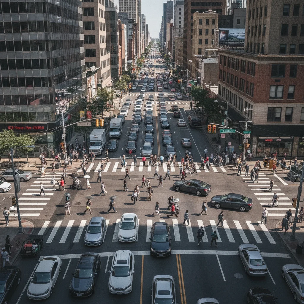 Elevated view of a busy urban intersection with cars and pedestrians in all directions
