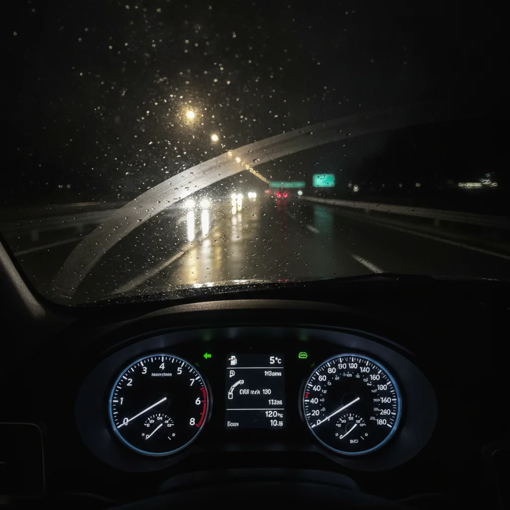Car dashboard speedometer with rain-covered windshield and wet road visible ahead at night