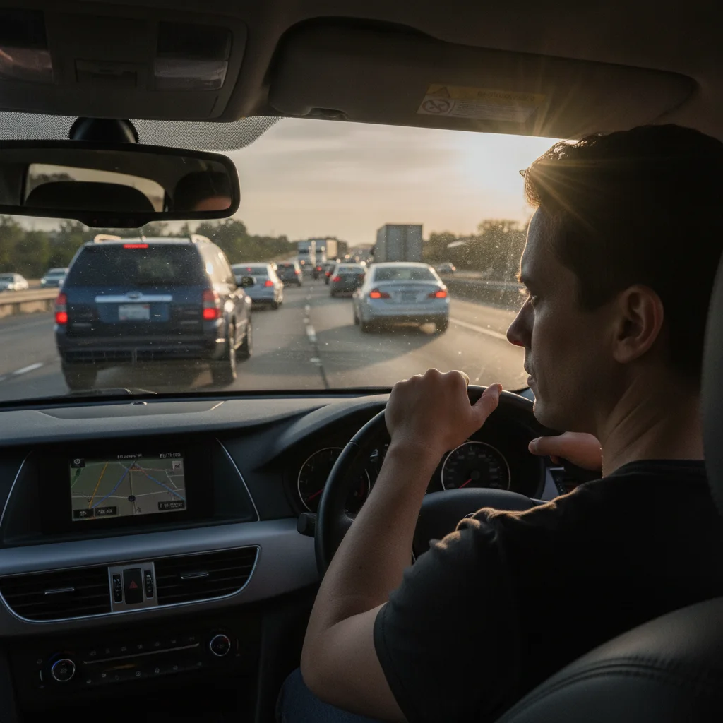 Driver checking side mirror while merging onto a busy freeway from an on-ramp