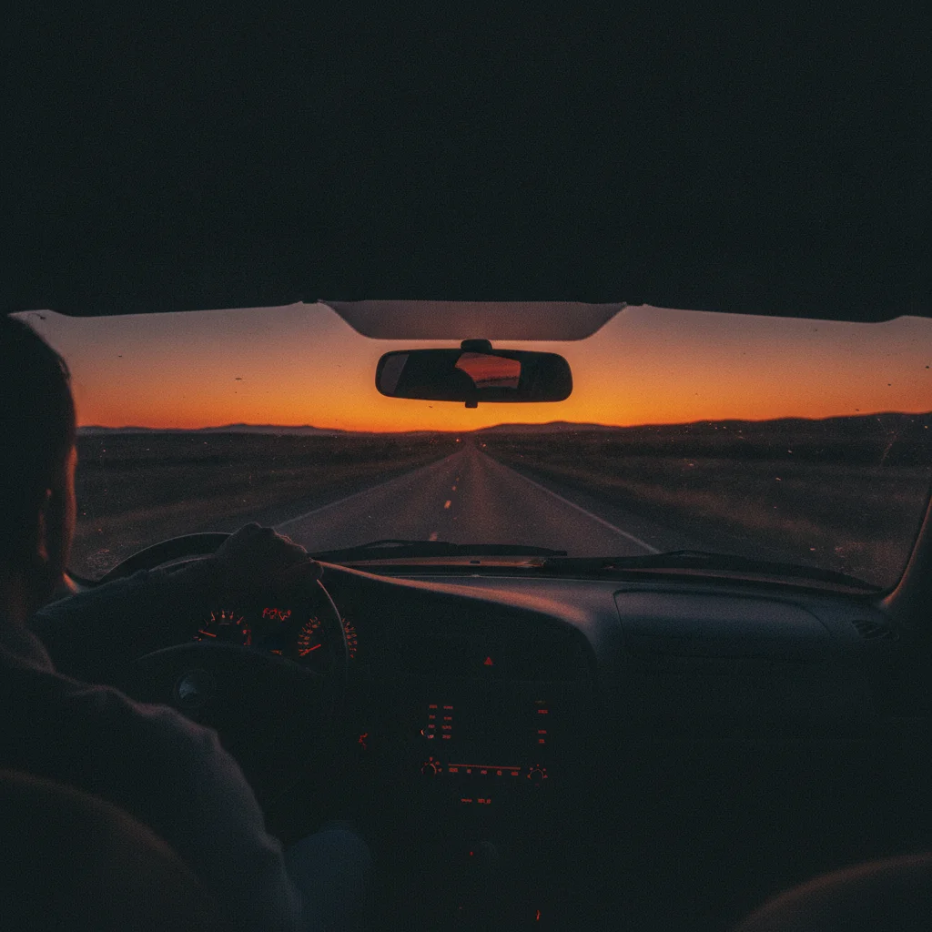 Driver silhouette inside a car on a lonely rural highway at dusk with fading light.