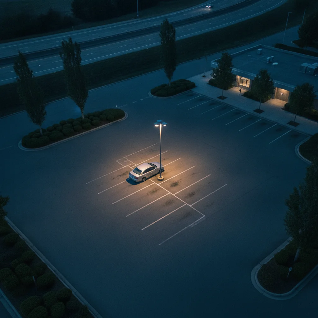A single car parked at a highway rest area at night under a lamp post.