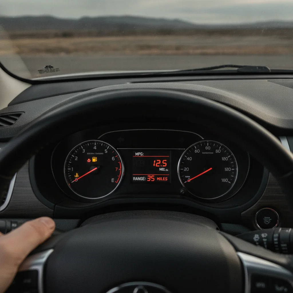 Car dashboard showing a nearly empty fuel gauge and low miles-per-gallon reading on trip computer