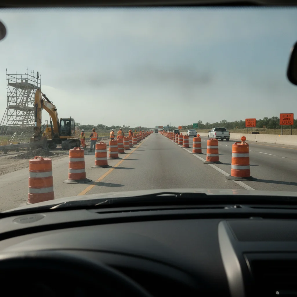 Driver's view through windshield of a narrowed highway construction zone with orange barrels and workers in high-visibility vests