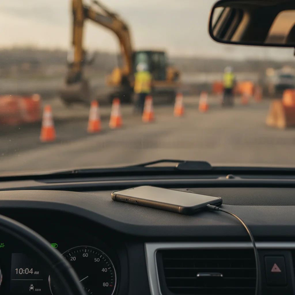 Smartphone placed face-down on center console with a construction zone visible through the car windshield