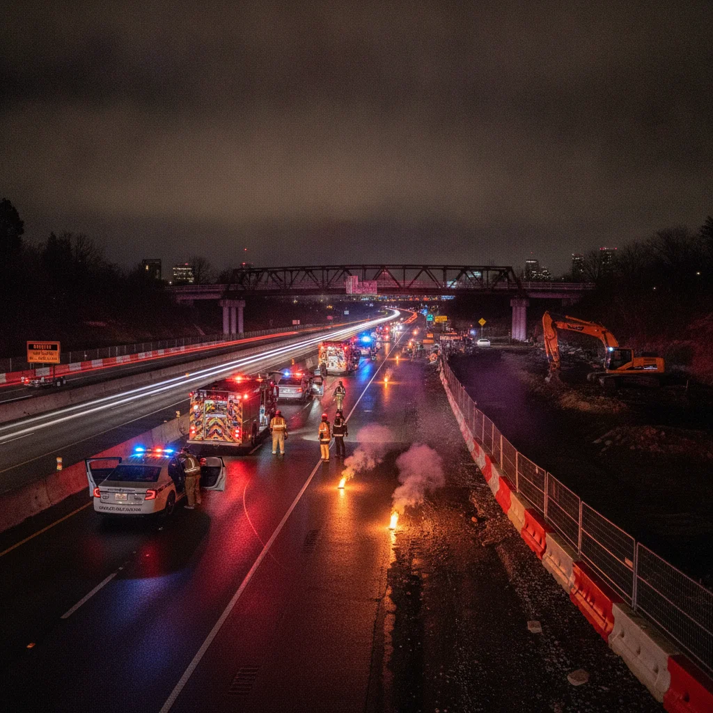 Emergency vehicles with flashing lights at a nighttime highway construction zone crash scene with flares and barriers