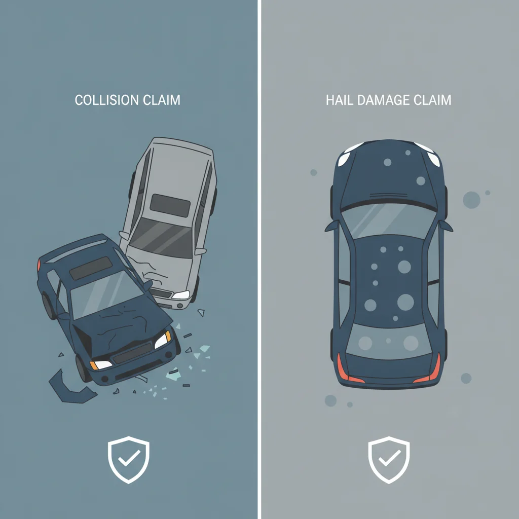 Split image showing collision damage on one side and hail damage on the other to illustrate the two coverage types