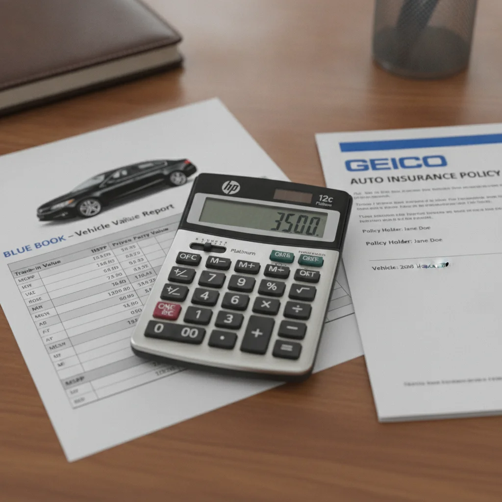 Calculator and vehicle valuation documents on a desk used to calculate insurance coverage value