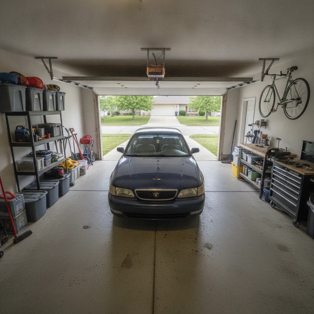 Older vehicle parked in a residential garage illustrating low-risk storage that affects comprehensive coverage decisions